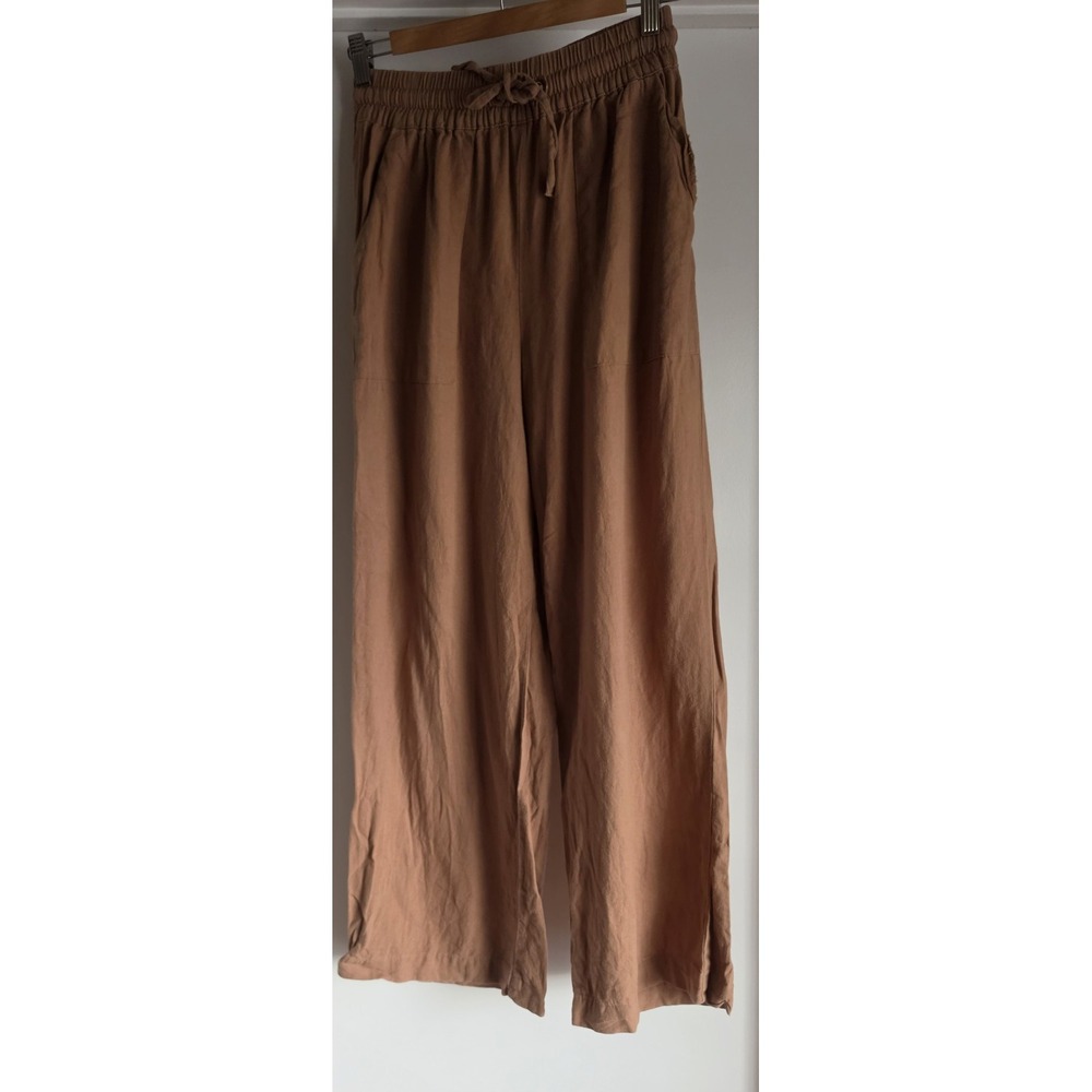 Zenana Women S Brown Linen Blend Wide-Leg Pants Casual Solid Trousers Slacks